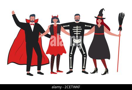 Festa di Halloween. I giovani in costumi di Halloween si levano insieme e abbracciano. Nella foto c'è un vampiro, una strega, un imp e uno scheletro. Vettore Illustrazione Vettoriale