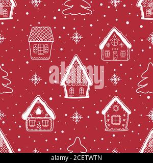 Sfondo di Natale. Modello invernale senza cuciture con belle case di Natale. Silhouette bianche di edifici favolosi, abeti e fiocchi di neve Illustrazione Vettoriale