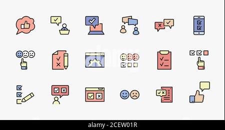 Set Di Icone Della Linea Vettoriale Correlate All'Indagine. Contiene icone quali Smile, Sad, Review, Click, Check, Customer Opinion, Web Survey e altro ancora. Modificabile Illustrazione Vettoriale