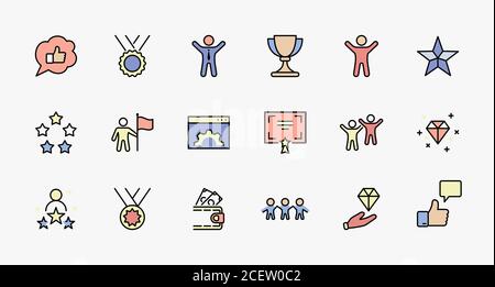 Set of Success Related Vector Line Icon (Imposta icona della linea vettoriale correlata Contiene icone come Cup, Ribbon, Star, Winner, Reward e molto altro.tratto modificabile. 32x32 pixel Perfect. Illustrazione Vettoriale