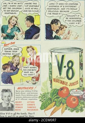 . Il giornale domestico delle Signore. • • di dare ai miei bambini la quantità di 3 verdure in una bevanda deliziosa che amano! COSÌ È SUCCESSO... Dare V-8 a tutta la famiglia. Theyllllllove esso e relativo così buono per loro. • V-8 è un marchio di proprietà negli Stati Uniti da Standard Brands Incorporated; in Canada da Standard Brands Limited 188 LADTKS HOME JOURNAL May, 19t tutti nella famiglia adora thatKitchenAid ! Foto Stock