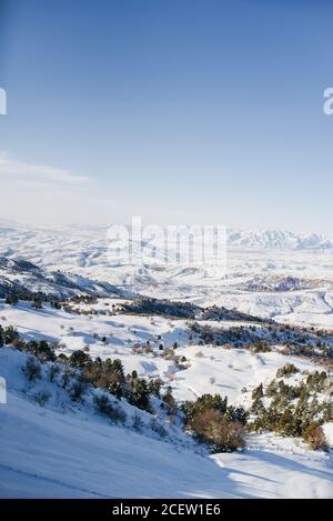 Posizione dei monti Tian Shan, Uzbekistan, Asia centrale. Accattivante sfondo invernale. Il concetto delle vacanze di Natale. Felice anno nuovo! Be Foto Stock