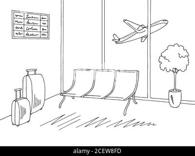 Immagine dello schizzo bianco nero dell'interno dell'aeroporto Illustrazione Vettoriale