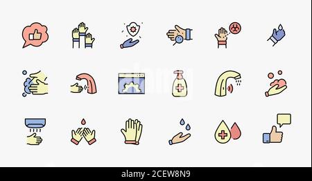 Set di icone della linea vettoriale delle mani di lavaggio. Contiene icone come Coronavirus, rubinetto per acqua senza contatto, antisettico, istruzioni per il lavaggio, asciuga le mani, sapone Illustrazione Vettoriale