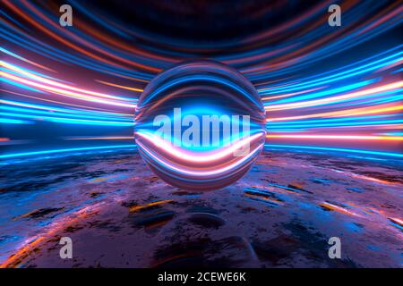 Linee illuminate rotonde luminose nella stanza rotonda scura, rendering 3d. Disegno digitale per computer. Foto Stock