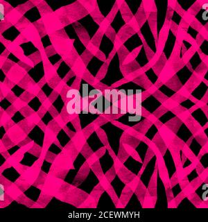 Astratto rosa nero striping plaid textured motivo senza cuciture sfondo. Acquerello mano disegnata bianco e nero strisce onde gingham texture. Watercolo Foto Stock