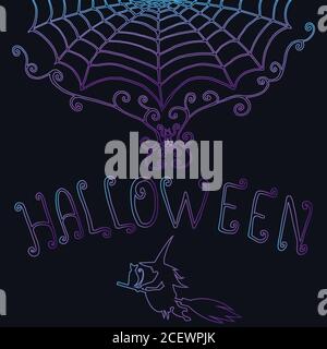 Sfondo halloween,decorativo,cobweb, scopa gatto strega,testo, pu Illustrazione Vettoriale