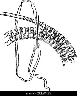 . Basketry pratico ed artistico. Fig- 73- la bellezza dipende, più di ogni altra, dalla dimensione uniforme del filo utilizzato. I02 Basketry pratico. È meglio malce questo punto su un rattan, come la bobina è avvolta ma una volta tra i sessi, rendendo così difficile mantenere una bobina morbida in posizione. Iniziare il centro come in Fig. 46. Il punto è il punto del nodo, Avith il nodo omesso. Man mano che il cestello aumenta di dimensioni, prendilo due. Tig. 74- cuciture nello stesso luogo, in modo da mantenereparallele e l'una direttamente sopra l'altra. XVII. Frusta a punto. Questo è un punto molto semplice e può essere usato su molti Foto Stock
