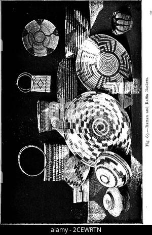 . Basketry pratico ed artistico. Fig. 68. distanza uniforme (un quarto di pollice)?avvolgimento della bobina tra di loro. 96 Basketry pratico. Questa è una delle cuciture più soddisfacenti per una bobina morbida. Lo stesso punto può essere variato stringendo insieme le spire ad intervalli regolari, e girando a tempo di coda prendendo il punto nello stesso luogo,facendo passare l'ago attraverso le maglie,dando loro l'aspetto di un punto a catena.Fig. 68. Utilizzare un mezzo trefolo di rafia per il filo. Man mano che il cestello aumenta di dimensioni, metti punti nuovi facendo un punto a metà strada essere-tra tutti gli altri punti, un Foto Stock