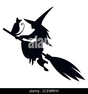 Divertente silhouette magica di strega e gatto che volano su scopa, isolat Illustrazione Vettoriale