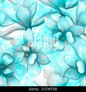 Acquerello splendido magnolia fiori senza cuciture motivo sfondo. Acquerello disegnato a mano primavera elegante astratto illustrazione botanica. Stampa per te Foto Stock