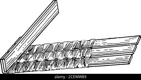 . Basketry pratico ed artistico. Fig. 57- Ohlong Basket.- è bene fare il bot-tom di questo paniere prima. La dimensione di una nell'illustrazione è sette per quattro e un quarto. Tagliare diciassette strisce sette e mezzo pollici 84 Rattan piatto. 85 lungo, usando il rattan di quarto-pollice-largo. Shaveboth termina in una punta sottile e piatta, iniziando da mezzo pollice dall'estremità. Coprire una striscia evitando vi^con un filo di rafia. Cucire una seconda striscia a questo, usando il punto del nodo. Cucire un tredto il secondo e così via fino a quando i diciassette sono stati utilizzati. Lasciare un quarto di pollice di terattan su ogni estremità o Foto Stock