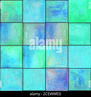 Schema geometrico senza giunture astratto. Disegno multicolore in tepale blu verde disegnato a mano con semplici figure a forma di quadrati. Mosaico acquerello t Foto Stock