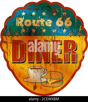 Vintage Route 66 diner segno, vecchio fast food ristorante pubblicità segno, illustrazione vettoriale arte, americana Illustrazione Vettoriale