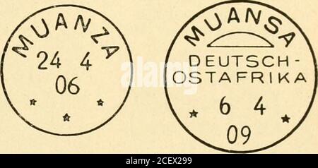 . Die postwertzeichen und entwertungen der deutschen poststationstalten in den schutzgebieten und im Auslande. l oIII 21. Juni igijH bis igis auf OstafWka Nr. 19-37,40. Muanza, /. Oldober 1805. l cm I. Oktober iSoß (1898/1900 blau) bis igog 1000 geändert in Muansa.. Vom II. März igogbis 14. Juli ig 16 aufOstafWkaNr.1-33,36,37. AnfOstafrika xr.l9-37,40. Foto Stock