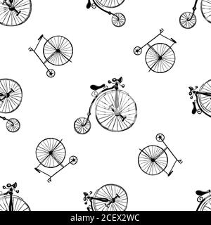 Modello senza cuciture di biciclette disegnate a mano, in stile penny-farthing, isolate su sfondo bianco. Illustrazione vettoriale. Illustrazione Vettoriale