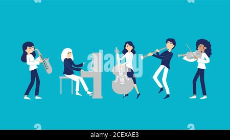 Una band di musicisti suona musica con strumenti musicali Illustrazione Vettoriale