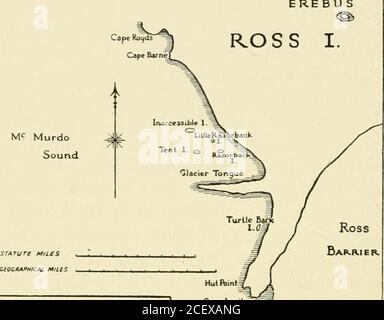 . Spedizione Antartica britannica, 1907-9, sotto il comando di E.H. Shackleton : rapporti sulle indagini scientifiche ; geologia. f il suo ghiaccio ? Secondo, è aground o a galla? Per quanto riguarda la prima domanda, si può affermare che la larghezza della terra al * è stato per questo motivo che quella porzione della montagna è stata selezionata come la via per la salita del marzo 1908. 104 LA PARTE posteriore GLACIOLOGICA del ghiacciaio, misurata in direzione dell'andamento del ghiacciaio, è di circa 3 miglia, e di questo circa l^ miglia scende verso la barriera Ross invece di verso la lingua del ghiacciaio. Questa metà orientale di Foto Stock