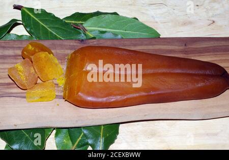 Bottarga (uova di pesce) cibo tipico della Sardegna, Italia Foto Stock