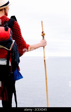 Vista posteriore tagliata di un'escursionista femminile irriconoscibile con bastone da trekking in piedi contro il cielo nuvoloso grigio e godendo la libertà durante il pellegrinaggio Attraverso la Spagna Foto Stock