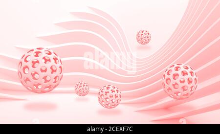 Illustrazione della sfera grigia 3d crystall su sfondo rosa decorativo tunnel onde carta da parati. Grafica murale arte moderna Foto Stock