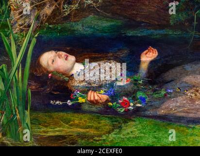 Ophelia di Sir John Everett Millais (1829-1896), olio su tela, 1851-2. Questo è un dettaglio di un dipinto più grande Foto Stock