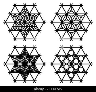 Set di quattro motivi giapponesi in stile Kumiko zaiku.Hexagon frame.linee di colore nere. Illustrazione Vettoriale