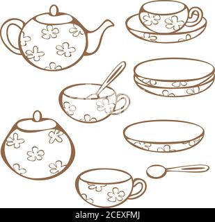 Set vettoriale di stoviglie per bere tè - tazze, tazze, teiera, zuccheriera e zucchero a velo. Concetto per il negozio di tè. Illustrazione Vettoriale