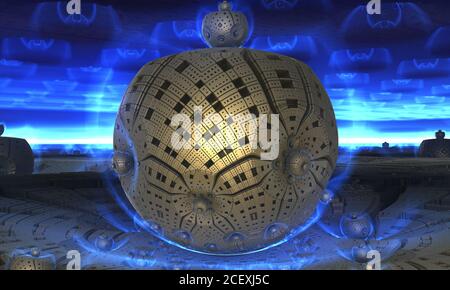 Sfondo astratto 3D, fantastiche sfere blu, interessante rappresentazione illustrazione. Foto Stock