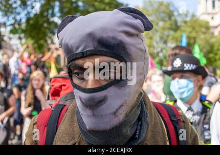 Londra, Regno Unito. 2 settembre 2020. Estinzione i manifestanti della ribellione si riuniscono fuori dalle case del parlamento per un secondo giorno. Frustrato con il governme Foto Stock