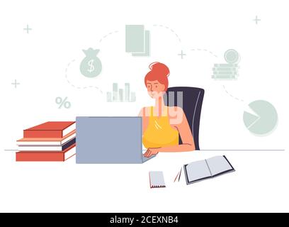 Giovane lavoratrice d'ufficio studia online su un computer portatile Illustrazione Vettoriale