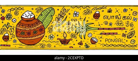 Indiano festival pongal doodle schizzo sfondo giallo Illustrazione Vettoriale