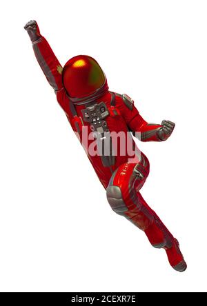 astronauta explorer su sfondo bianco che vola come un super eroe, illustrazione 3d Foto Stock