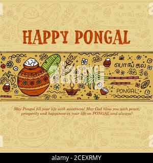 Indiano festival pongal desidera doodle schizzo vecchia carta Illustrazione Vettoriale