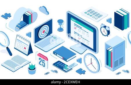Icone isometriche nube con libri, computer e smartphone, forniture per ufficio, sveglia e calendario tabella, cartella con file, clip. Elementi infografici per la progettazione di siti web, insieme 3D vettoriale isolato Illustrazione Vettoriale