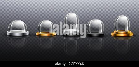 Cupole di vetro realistiche, souvenir del globo della neve di natale, contenitori isolati del semisfero di cristallo su base argentata e dorata di varie forme e dimensioni. Regali natalizi mock-up, set vettoriale 3d realistico Illustrazione Vettoriale