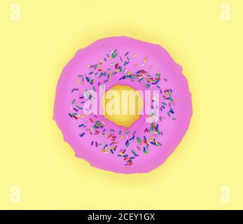 ciambella con smalto rosa, ciambella dolce su sfondo giallo, illustrazione 3d Foto Stock
