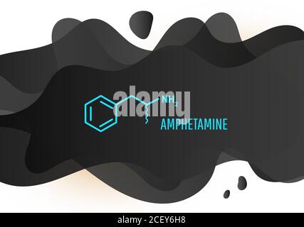 Formula anfetamina con liquido liquido forma nera su sfondo bianco. Formula chimica medica di un farmaco pericoloso. Illustrazione Vettoriale