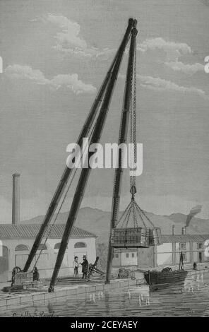 Spagna, Galizia, provincia di la Coruña, Ferrol. Nuovo modello di treppiede, fabbricato a Southampton (Inghilterra), installato nell'Arsenal. Il tornio della macchina è azionato da un motore a vapore orizzontale. Illustrazione di Cortellini Sánchez. Incisione di Bernardo Rico. La Ilustracion Española y americana, 1881. Foto Stock