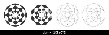 Insieme di quattro mandala astratte, simboli di geometria sacra, loto. Ripetizioni geometriche simmetriche. Illustrazione vettoriale in mobocromo. Illustrazione Vettoriale