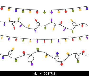 Colore ghirlanda insieme isolato su sfondo bianco. Decorazioni natalizie con luci dai colori vivaci. Lampadina incandescente per schede, banner, poster, web. LED Illustrazione Vettoriale