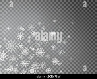 Fiocchi di neve realistici spruzzi su sfondo trasparente. Sfondo invernale con neve in caduta e fiocchi di neve. Texture bianca magica delle nevicate. Natale Illustrazione Vettoriale