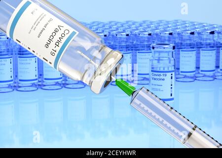 Covid -19 flaconcino di vaccino e siringa per iniezione. Messa a fuoco selettiva. illustrazione 3d. Foto Stock