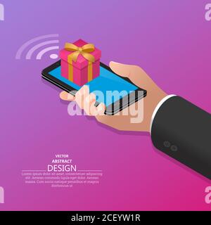 Una mano in una tuta contiene uno smartphone con un regalo sullo schermo.concetto di regali online sul telefono.3D. Illustrazione isometry.Vector. Illustrazione Vettoriale