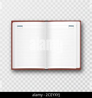 Notebook divulgato su sfondo trasparente isolato. Le pagine vuote con righe. Il modello per la progettazione. Мock-up.Template con fogli vuoti.3D realistic ve Illustrazione Vettoriale