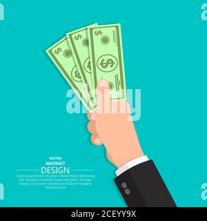 La mano in un vestito tiene il dollaro fatture.Business Concept.Cash payment.Vector illustrazione in uno stile piatto. Illustrazione Vettoriale