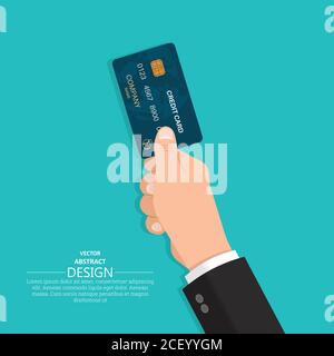 Mano in un vestito contiene una carta di credito. Concetto aziendale. Pagamenti senza contanti. Illustrazione vettoriale in stile piatto. Illustrazione Vettoriale