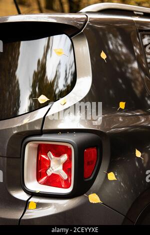 Primo piano di foglie autunnali caduti su faro rosso e carrozzeria dell'auto. Stagione autunnale. Foto Stock