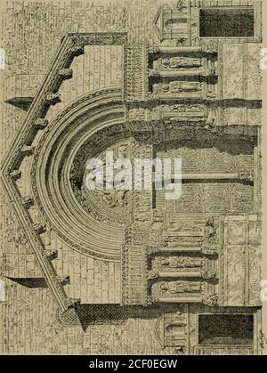 . l'architecture romane. es et séparés par un transsept du lacktuaire formé dune grande abside et de deux absidiolesvoûtées en quart de sphère. Le plan de Saint-Trophime rappelle la basi-lique antique par les dispositions de la nef, dutranssept et de lhémicycle accompagné de deuxabsidioles ; mais lédice est roman par son systèmede voûtes. Le berceau de la nef est en forme darco brisé et lesarcs-doubleaux des bas côtés sont en plein cintre.Larc brisé de la net nest pas la caractéristique darchitecture; ce nest quun moyen, employésouvent par les architectes romans dans le Centre et le Foto Stock