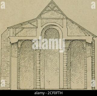 . l'architecture romane. elles portent des archivoltes formées par la pénétrationdu berceau des bas côtés croisés transversalement éditionement; sur ces arcs ou archivoltes reliantles colonnes retombe le berceau en plein cintre sur-haussé de lanef. Le planet la coupé, fig. i32 e i33, indipendente. Les murssélèvent lon-gitudinale-ment au-dessusdes reins duberceau centralquils chargentpour neutrali-ser les effets de la poussée latérale, et supportent lacharpente du comble de Tédifice. Par suite de ce parti architectonique, si le plan rap-celle encore la basilique latine, lélév Foto Stock
